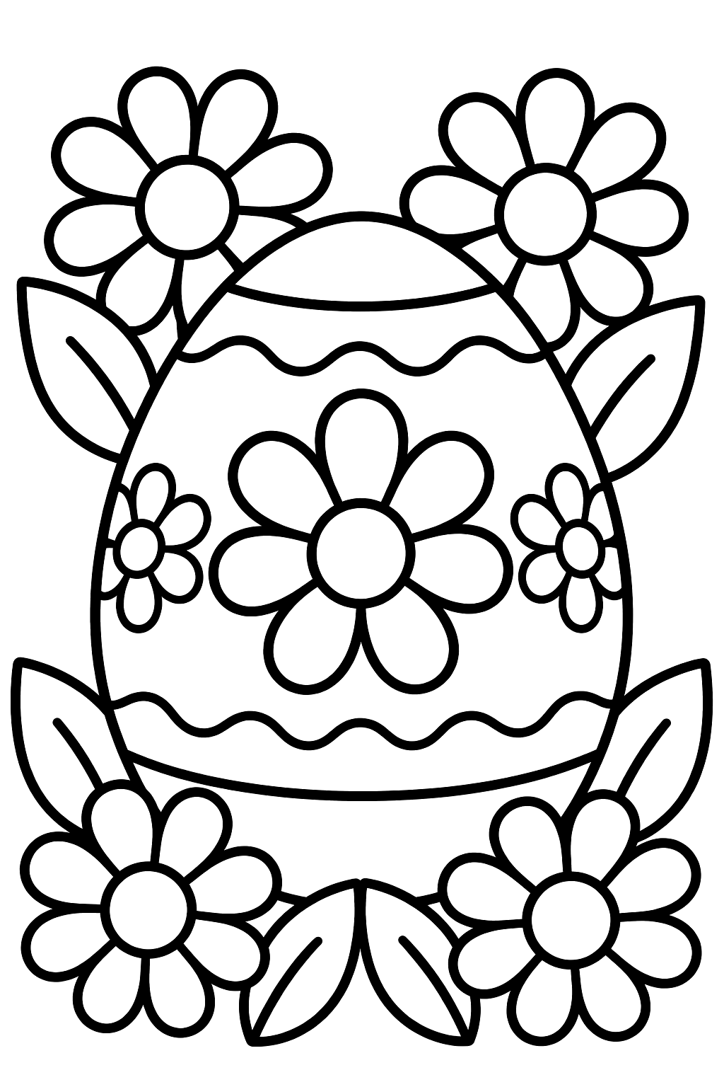 Easter egg decorated with big daisies and leaves around it coloring page