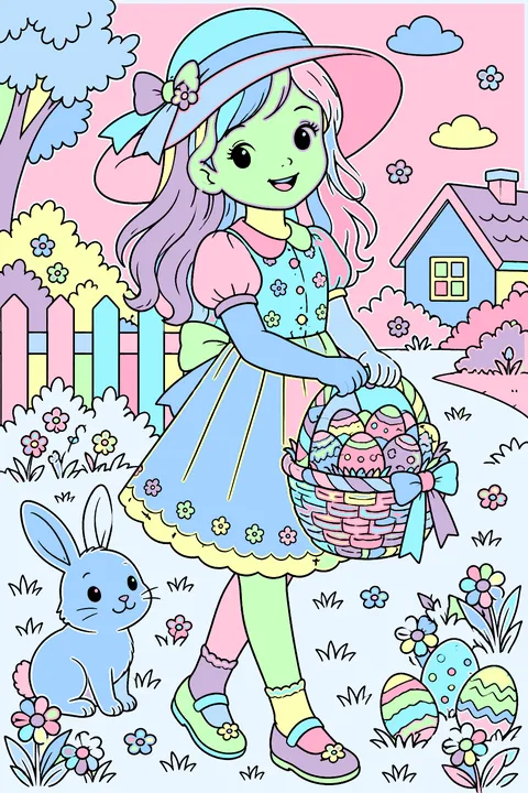 Girl in a sun hat carrying a basket of easter eggs coloring page