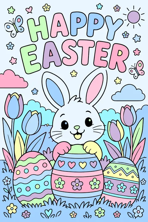 Big outline letters spelling happy easter with eggs and tulips coloring page