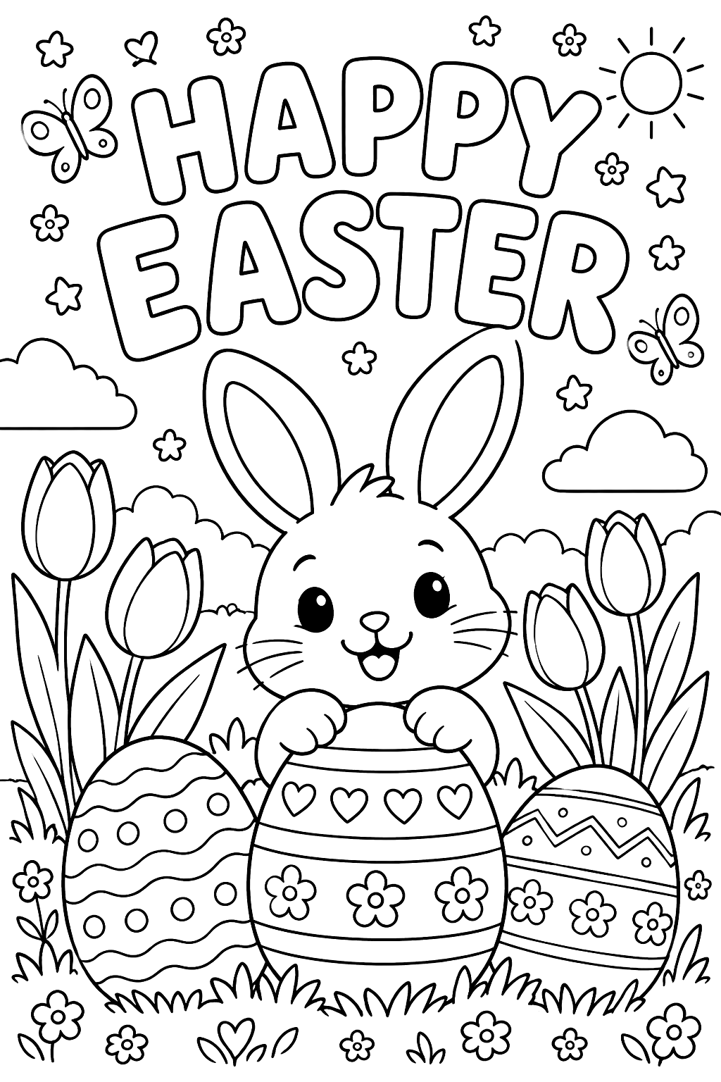 Big outline letters spelling happy easter with eggs and tulips coloring page