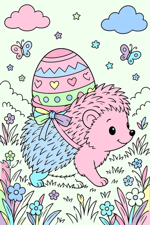 Hedgehog carrying an easter egg on its back through the grass coloring page
