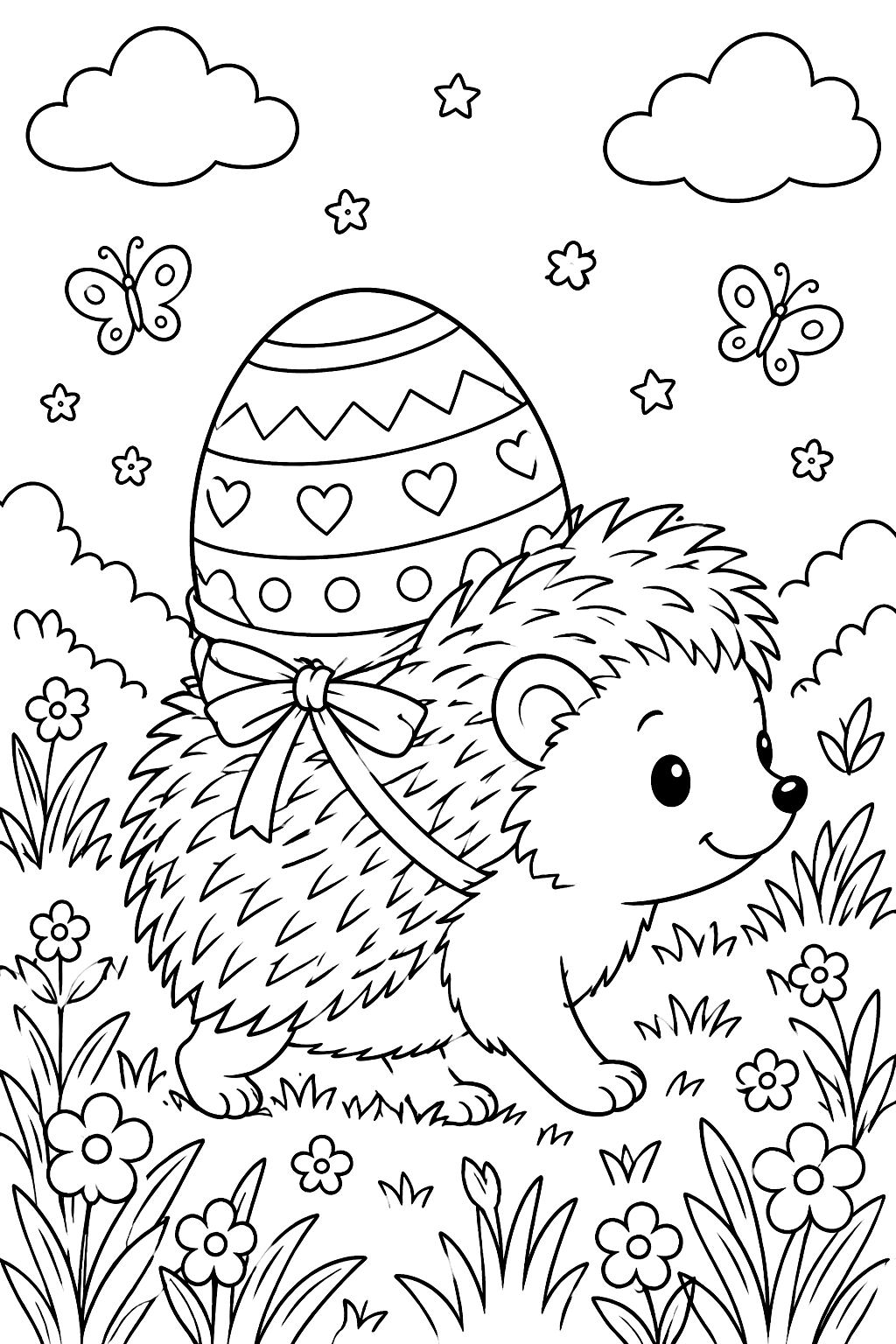 Hedgehog carrying an easter egg on its back through the grass coloring page