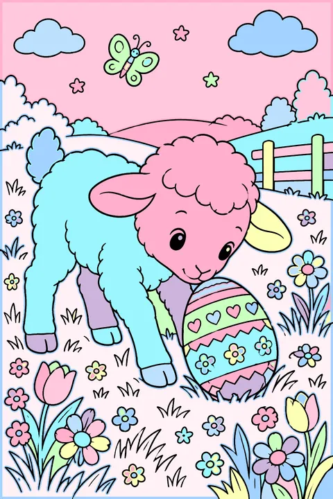 Little lamb nudging an easter egg in a flowery meadow coloring page