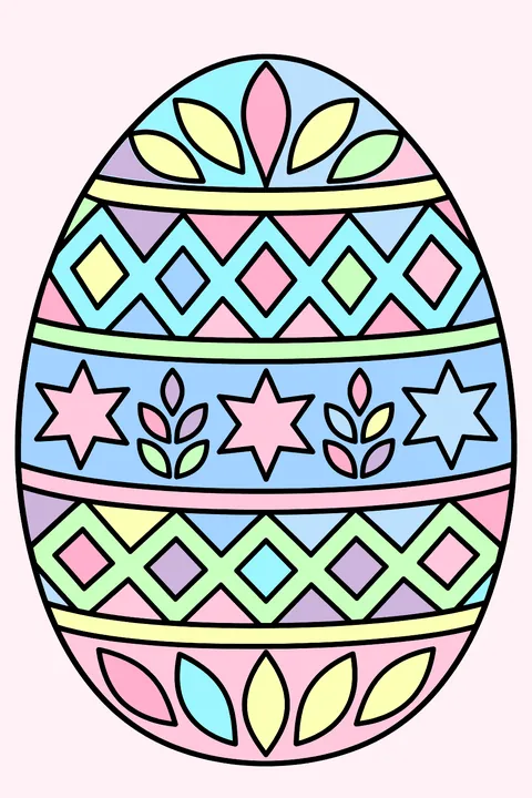 Ornate folk art easter egg with geometric bands, stars and leaf motifs coloring page