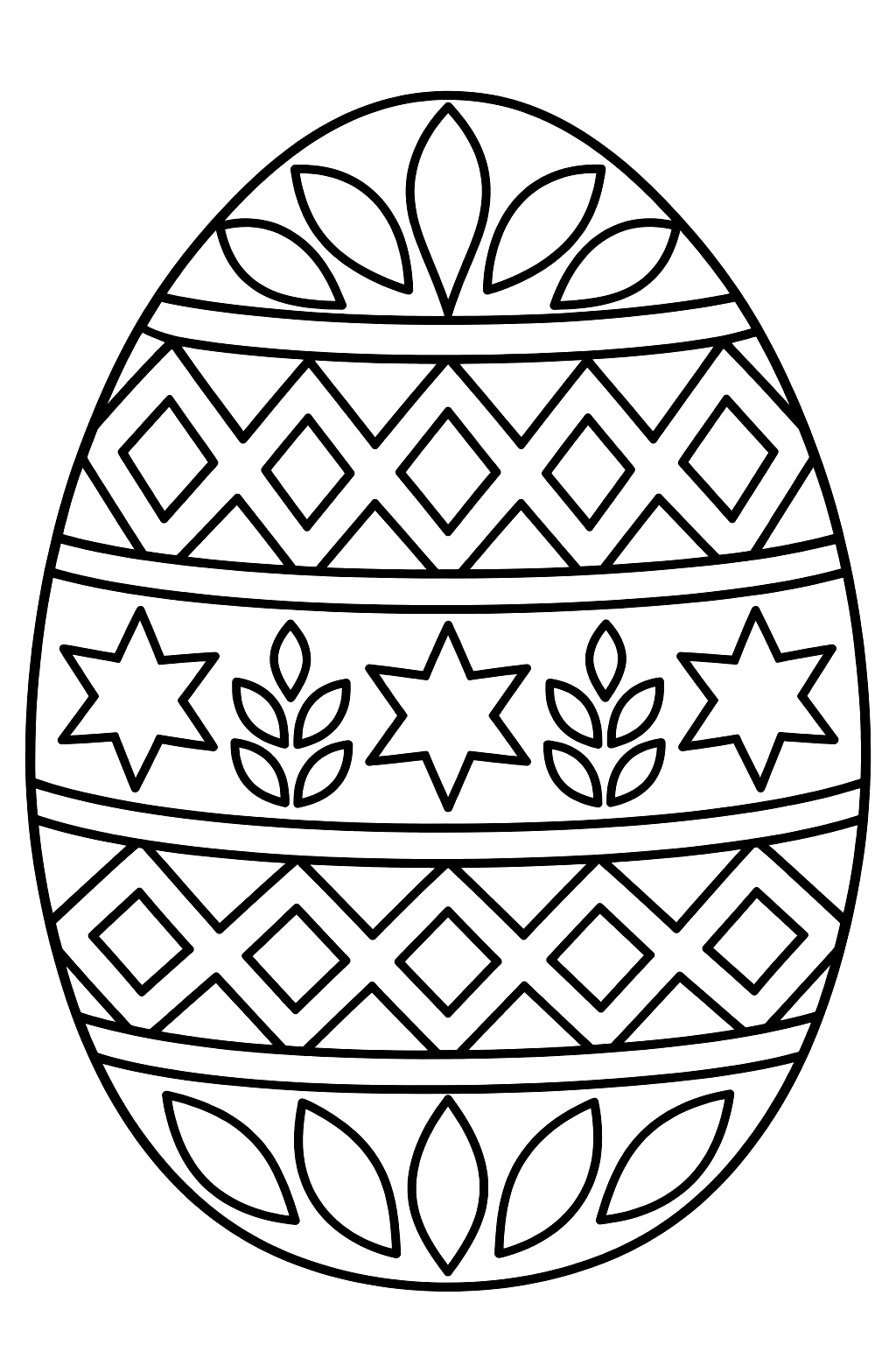 Ornate folk art easter egg with geometric bands, stars and leaf motifs coloring page
