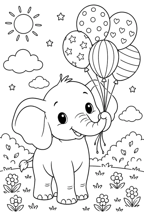 Baby elephant holding balloons coloring page