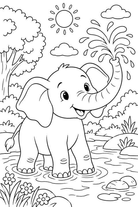 Elephant spraying water with its trunk coloring page