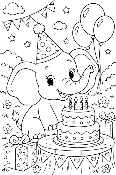 Elephant with a birthday cake coloring page