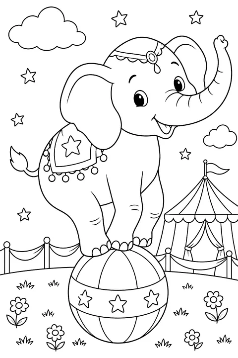 Elephant balancing on a ball coloring page