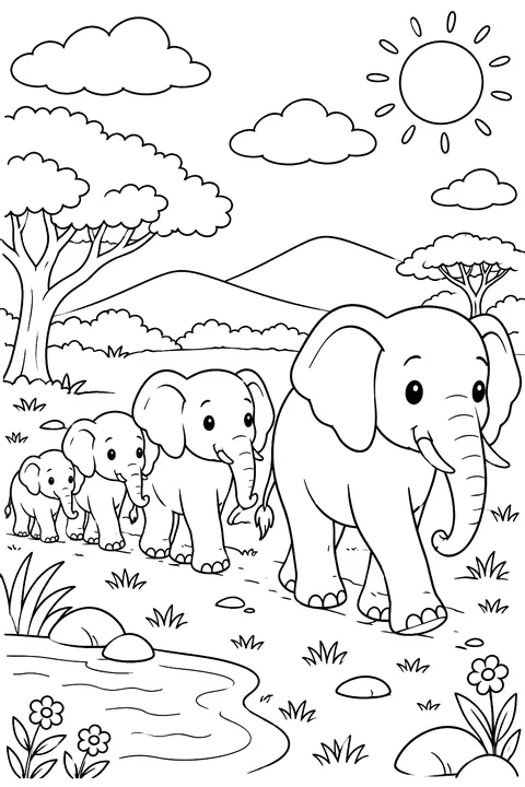 Elephant family walking in a line coloring page