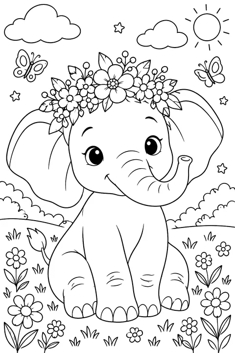 Elephant wearing a flower crown coloring page