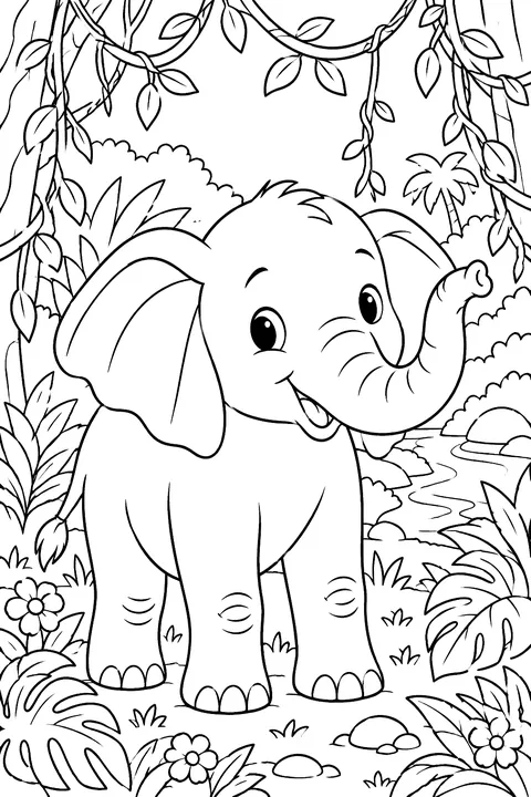 Elephant in a jungle with vines coloring page