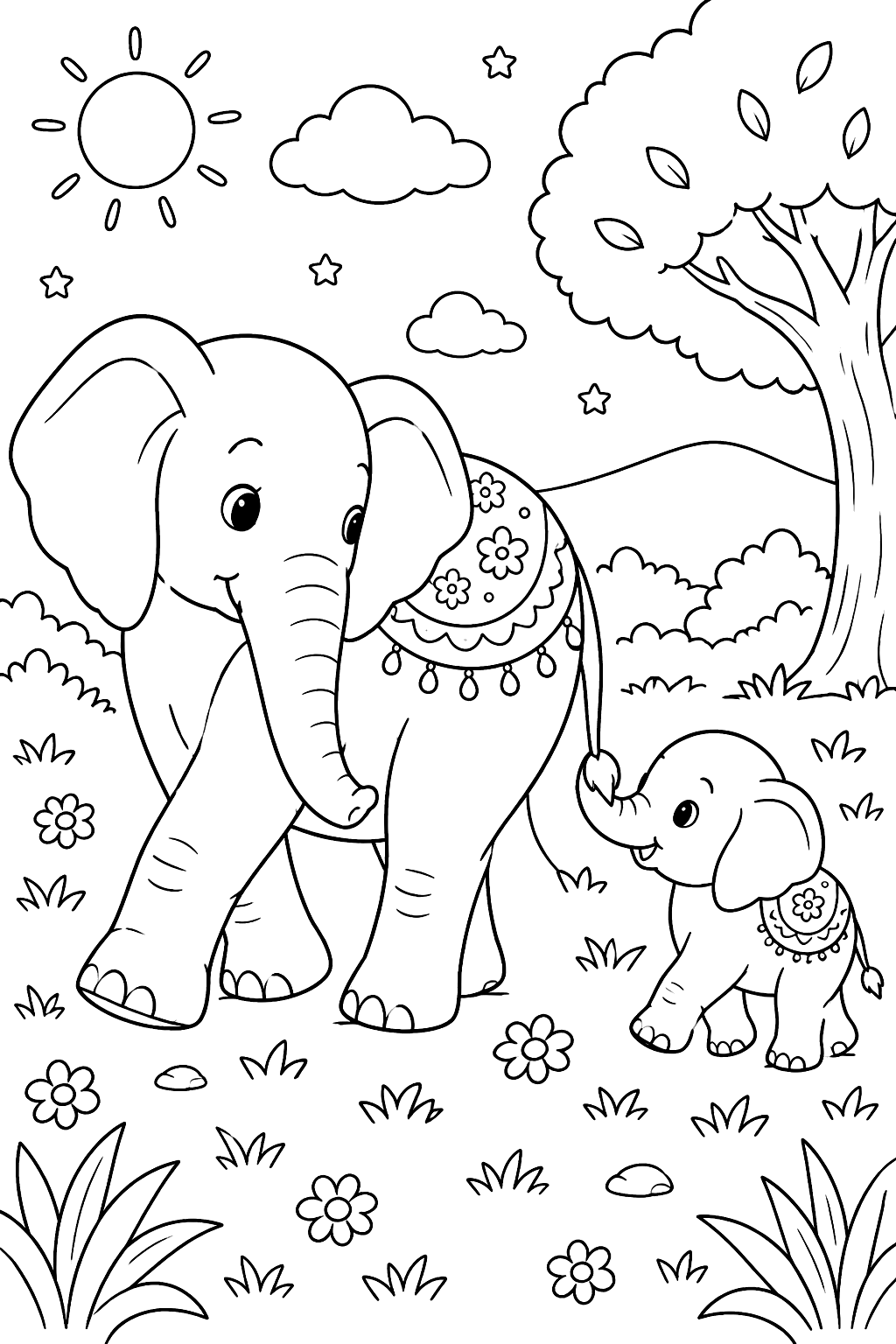 Mother elephant and baby holding tails coloring page
