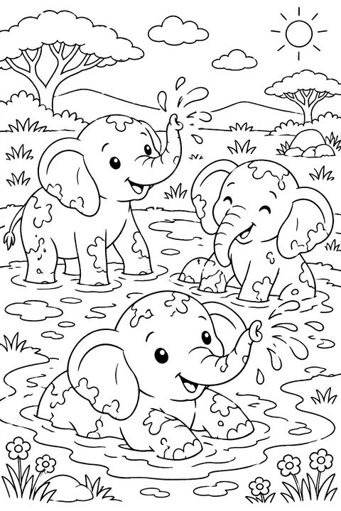 Elephants playing in a mud pool coloring page