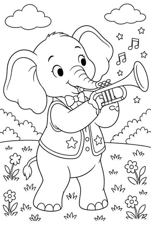 Elephant playing a trumpet coloring page