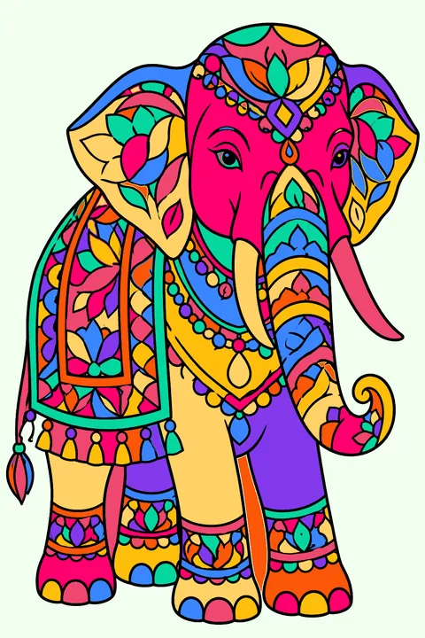 Ornate elephant with intricate patterns coloring page