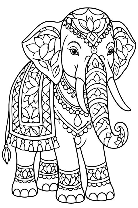 Ornate elephant with intricate patterns coloring page