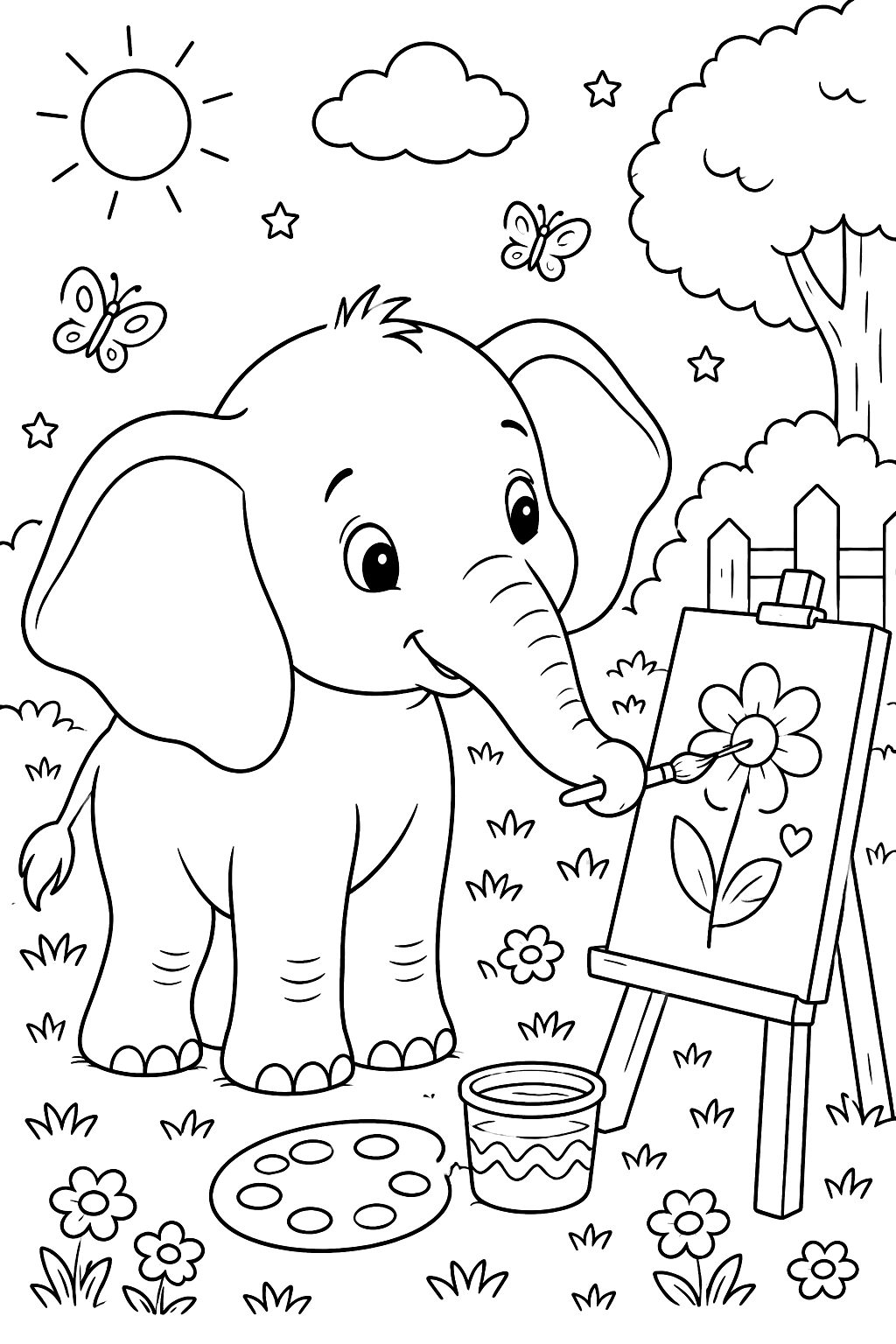 Elephant painting with its trunk coloring page