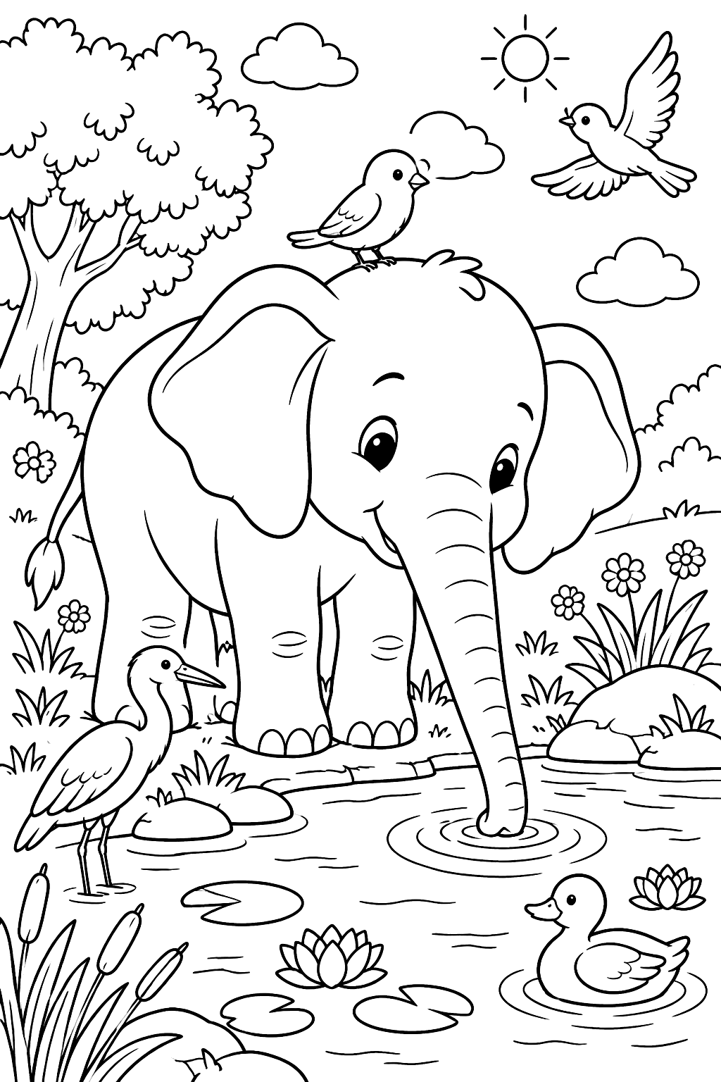 Elephant at a pond with birds coloring page
