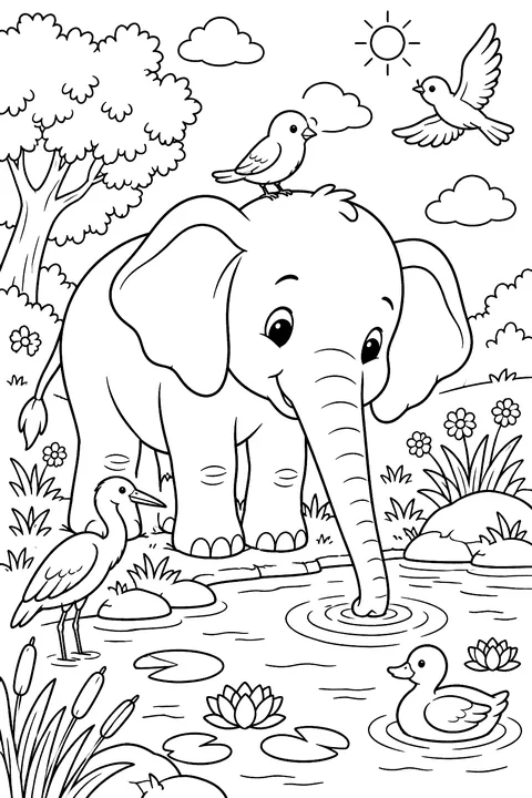 Elephant at a pond with birds coloring page