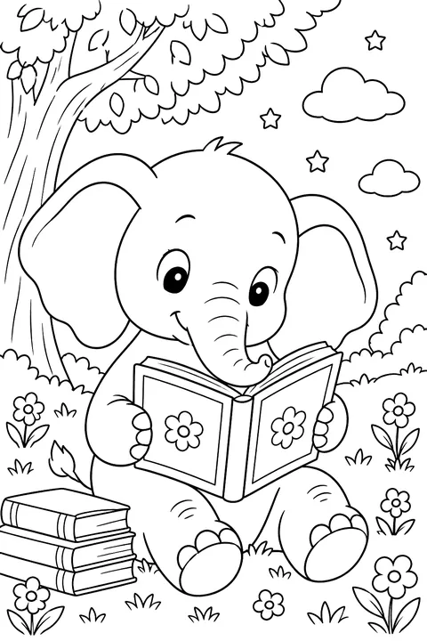Elephant reading a book coloring page