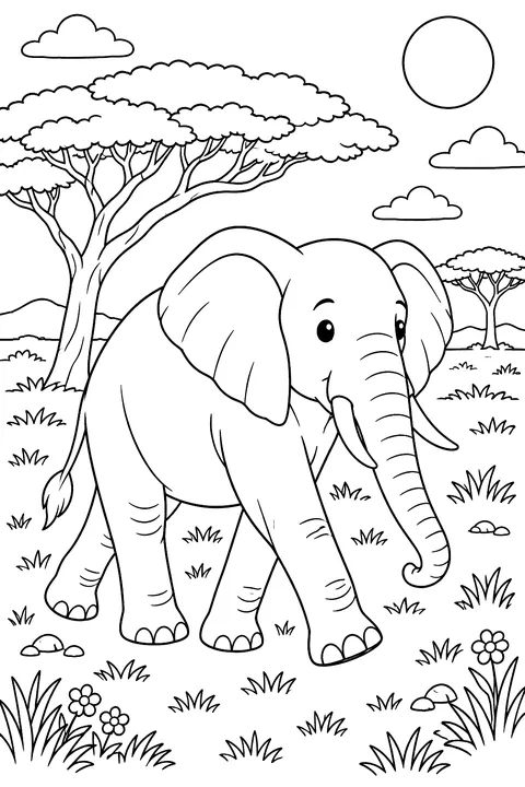 Elephant walking across the savanna with acacia trees coloring page