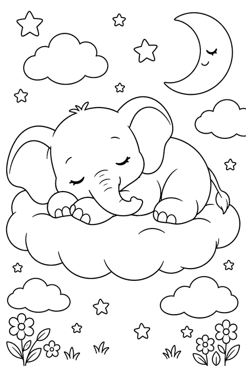 Baby elephant sleeping on a cloud coloring page