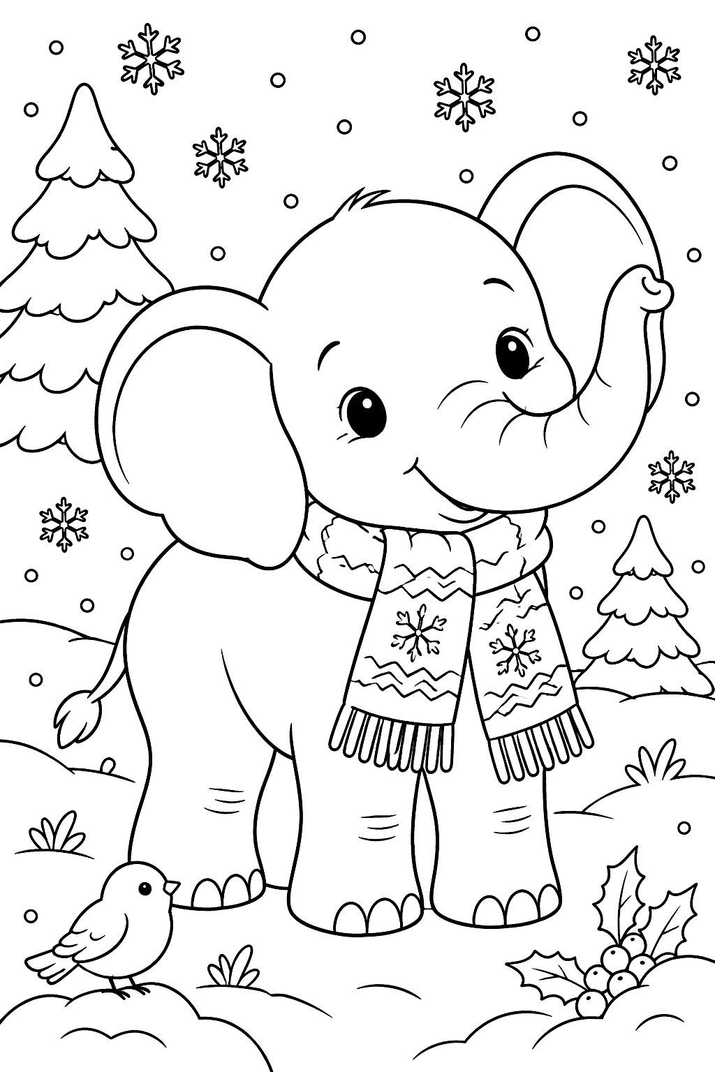 Elephant in a scarf in the snow coloring page