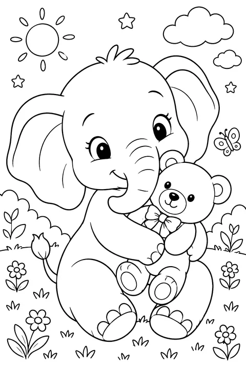 Baby elephant hugging a teddy bear coloring page