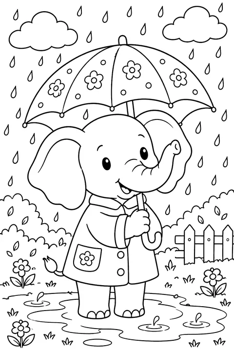 Elephant holding an umbrella in the rain coloring page