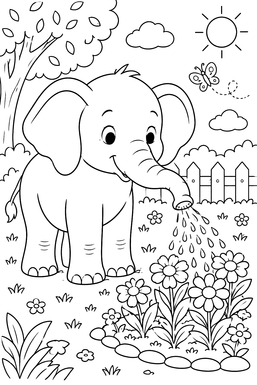 Elephant watering flowers with its trunk coloring page