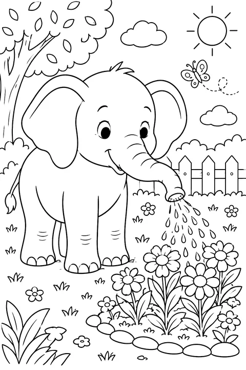 Elephant watering flowers with its trunk coloring page