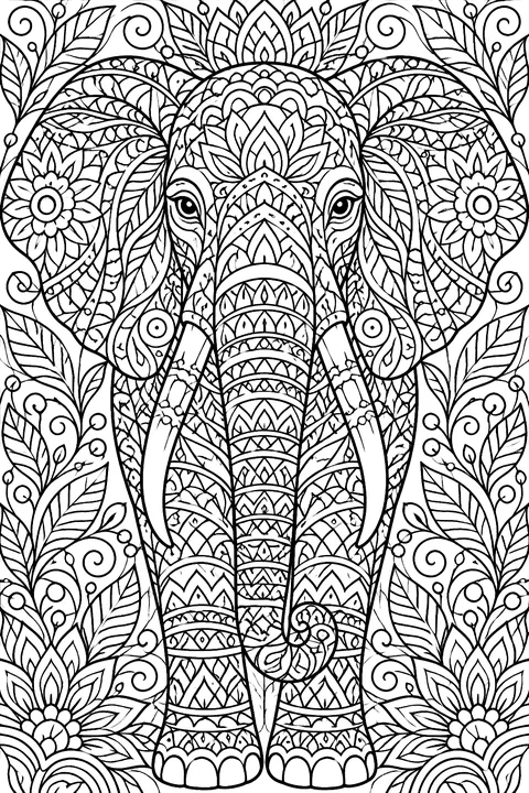 Elephant with zentangle patterns coloring page