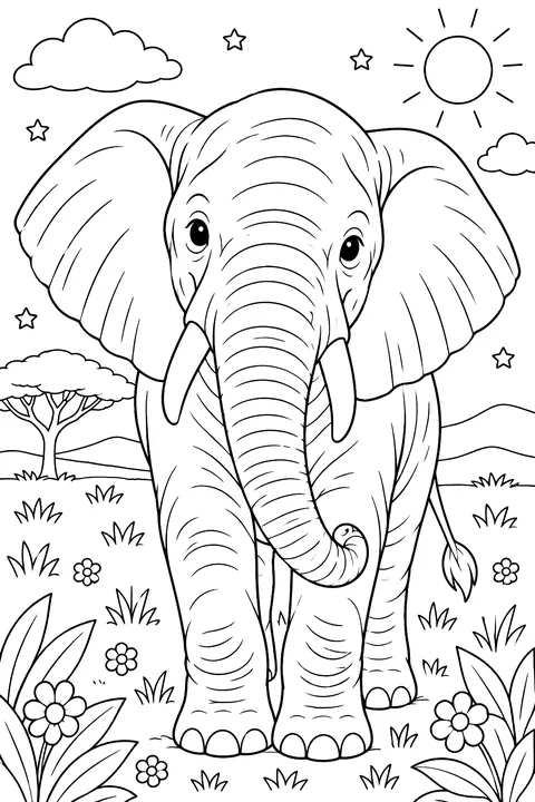 Realistic elephant portrait with detailed wrinkles coloring page