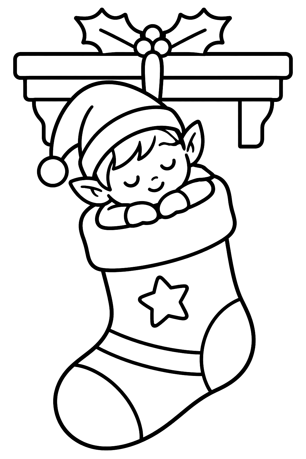 Baby elf napping inside a big christmas stocking hung on a mantel coloring page