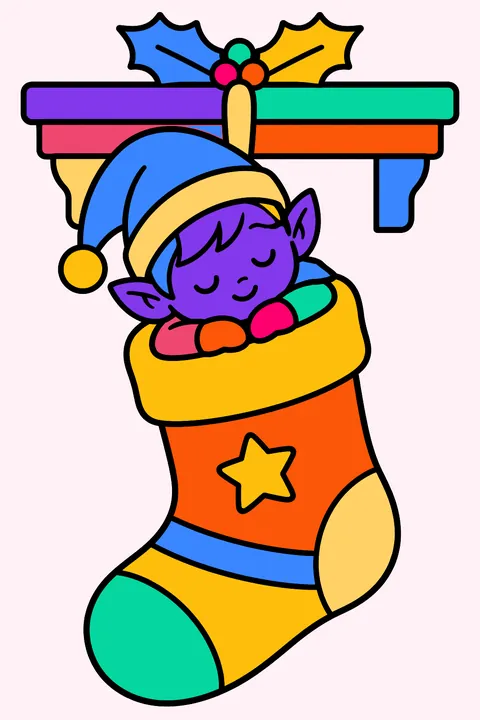 Baby elf napping inside a big christmas stocking hung on a mantel coloring page