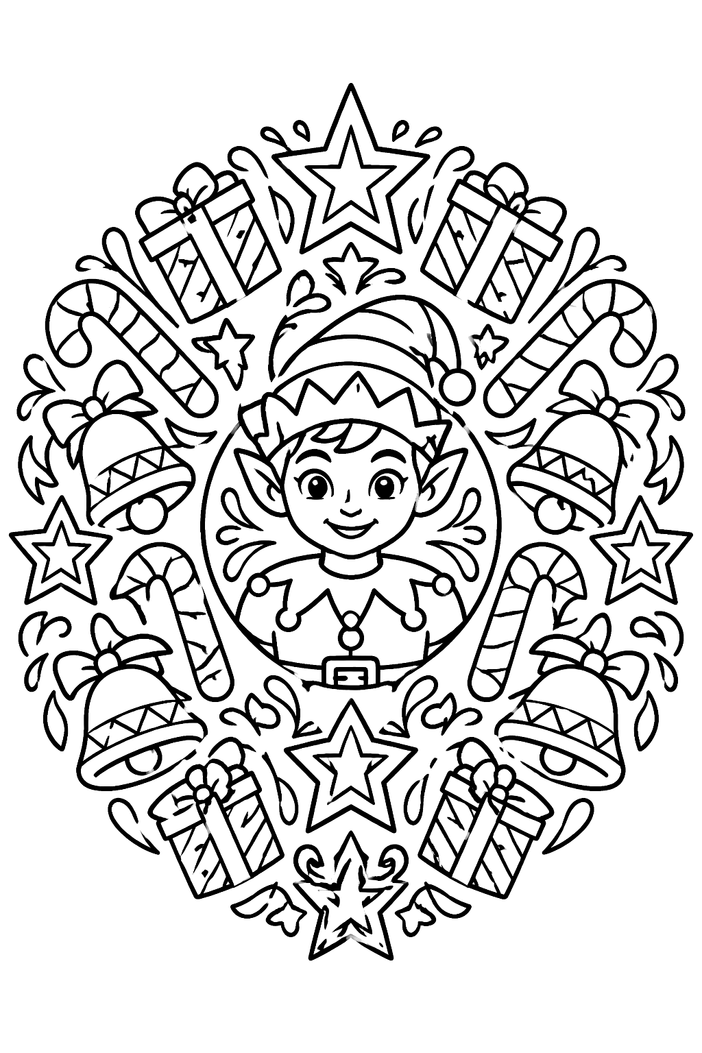 Christmas elf mandala with stars, candy canes, bells and gift boxes in a circle coloring page