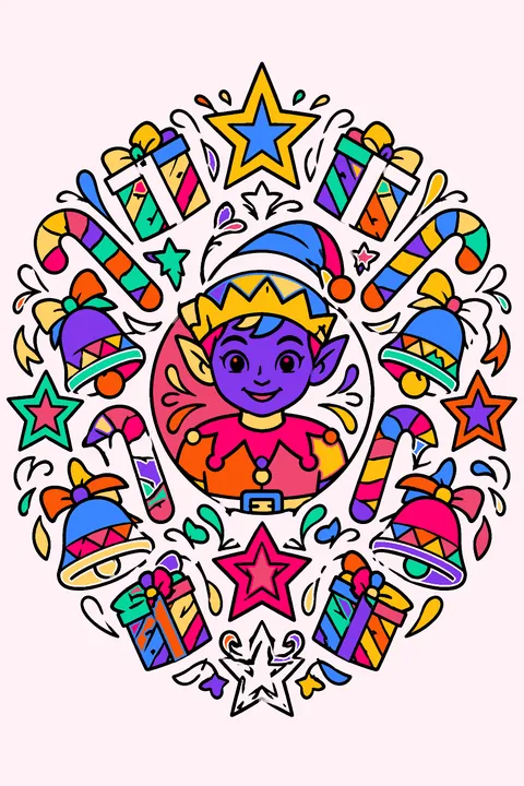 Christmas elf mandala with stars, candy canes, bells and gift boxes in a circle coloring page