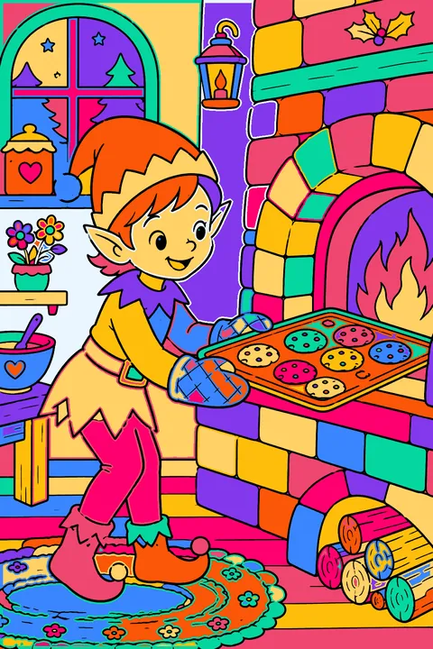 Elf pulling a tray of fresh cookies out of a brick oven coloring page