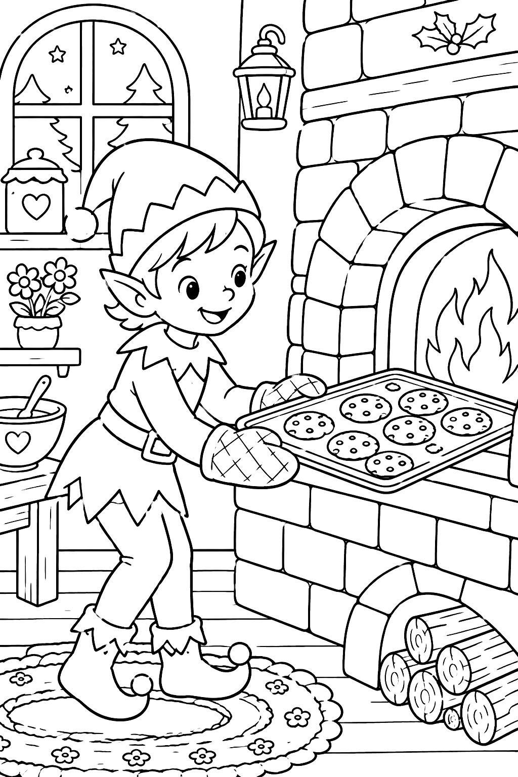 Elf pulling a tray of fresh cookies out of a brick oven coloring page