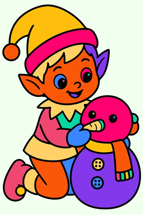 Elf building a small snowman with a carrot nose and button eyes coloring page