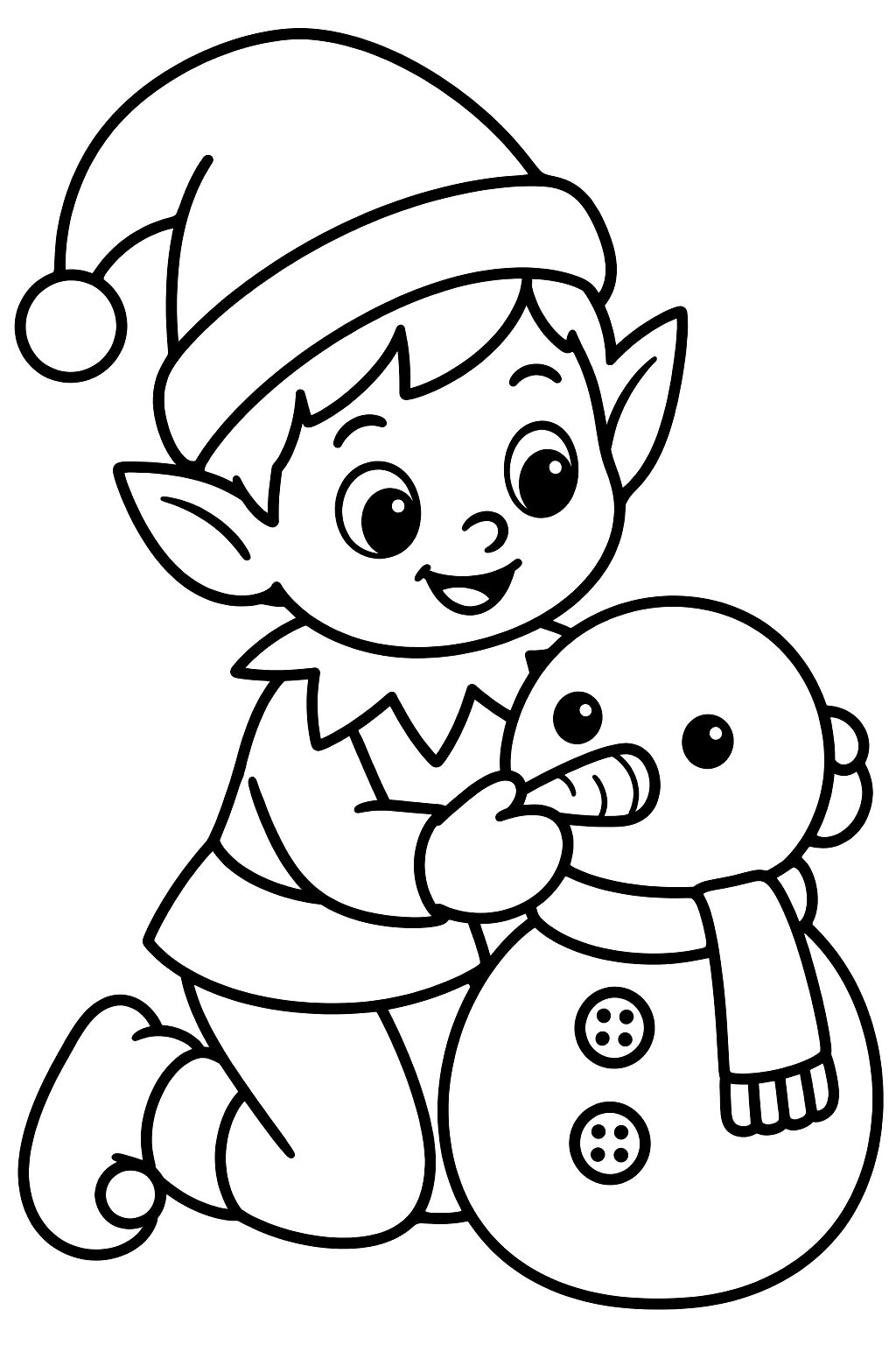 Elf building a small snowman with a carrot nose and button eyes coloring page