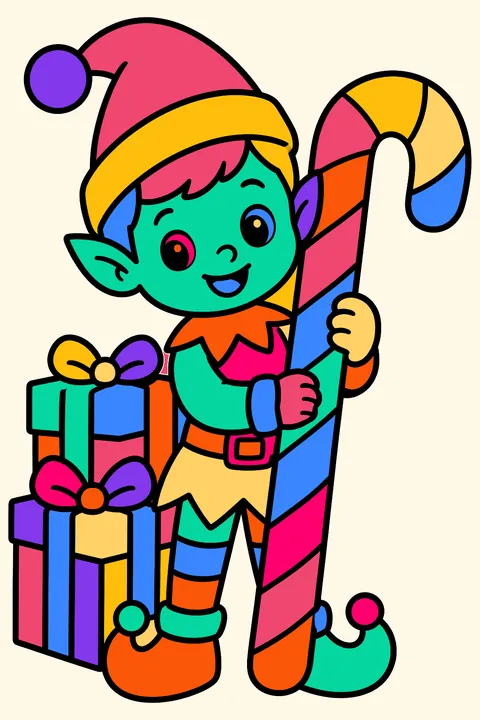 Elf holding a giant candy cane next to a stack of presents coloring page