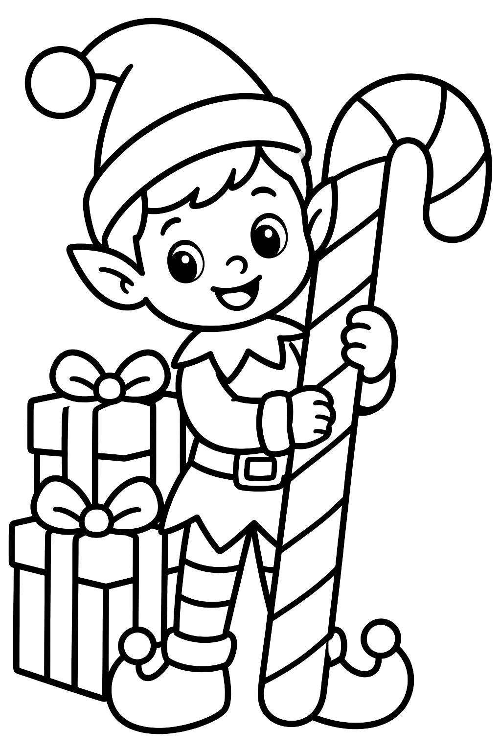 Elf holding a giant candy cane next to a stack of presents coloring page