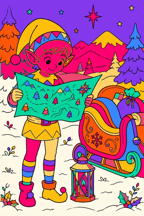 Elf checking a big map with a lantern beside the waiting sleigh coloring page