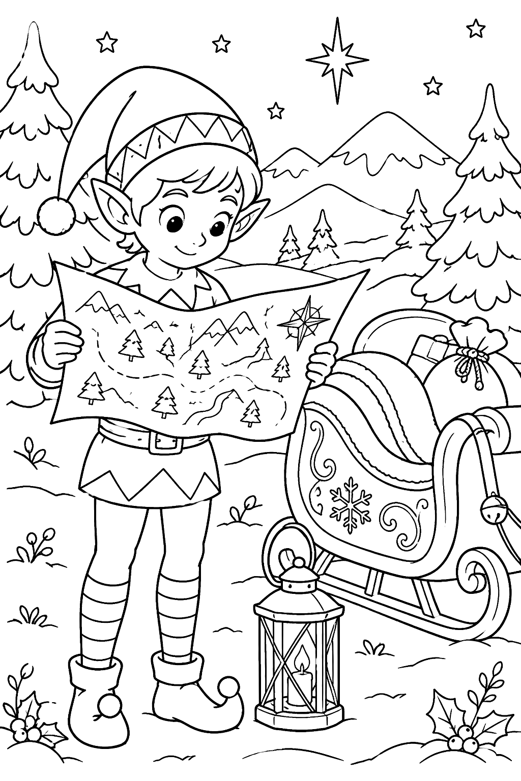 Elf checking a big map with a lantern beside the waiting sleigh coloring page
