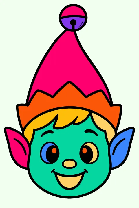 Smiling elf face wearing a pointy hat with a jingle bell on top coloring page