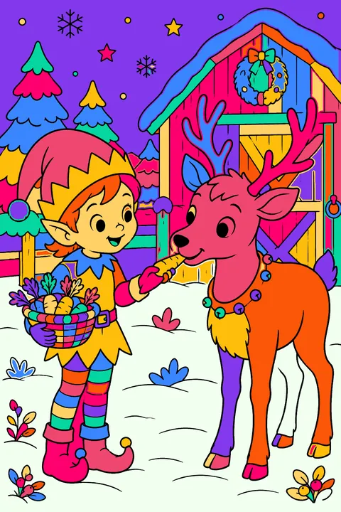 Elf feeding carrots to a friendly reindeer outside a snowy barn coloring page