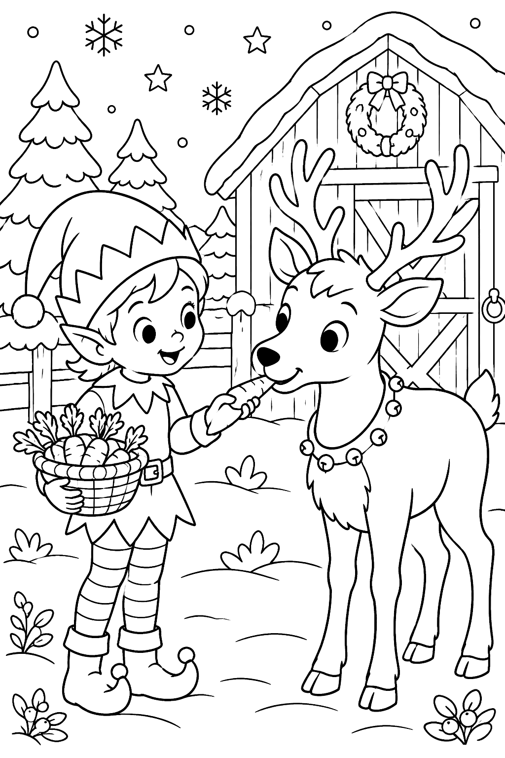 Elf feeding carrots to a friendly reindeer outside a snowy barn coloring page