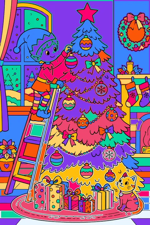 Elf on a ladder hanging round ornaments on a tall christmas tree coloring page